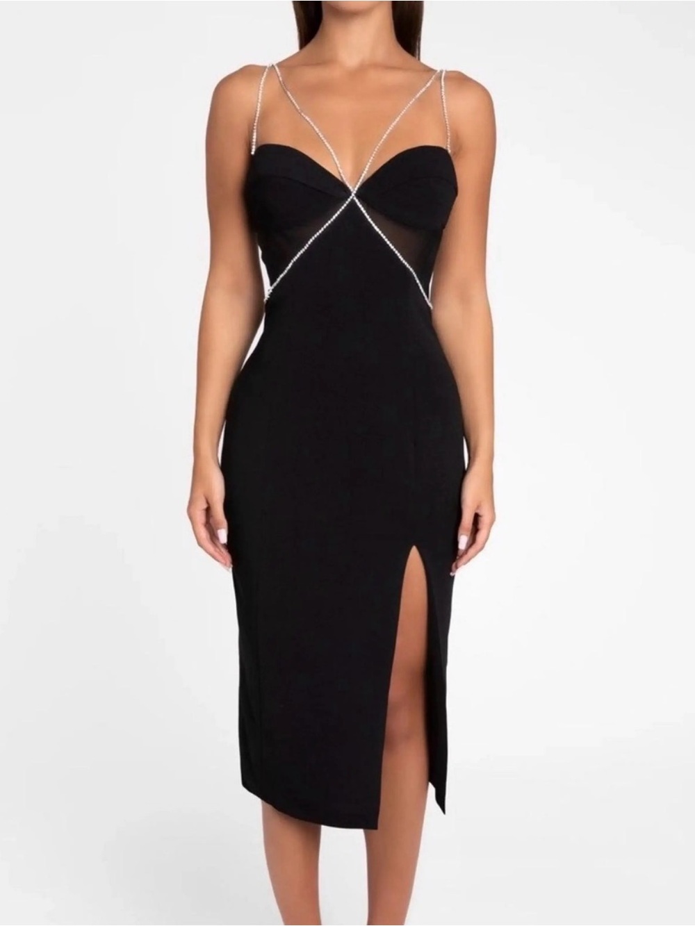 Heiress Beverly Hills | BLACK DIAMANTE STRAP CUTOUT MIDI DRESS